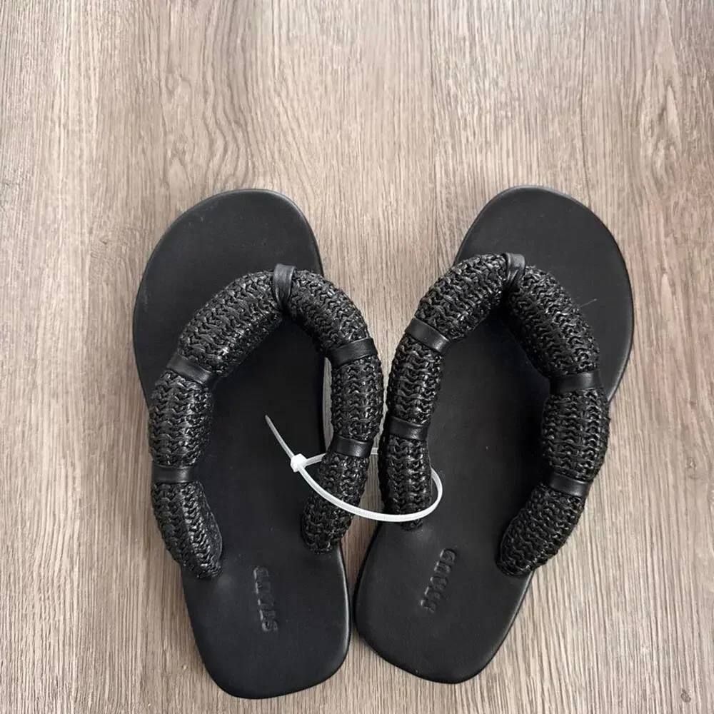 Black Leather Staud Flip Flop Sandals